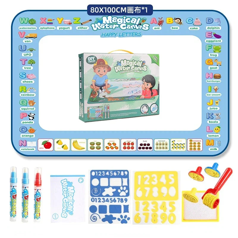 Magic water drawing canvases kit box with alphabet layout and reusable pen set