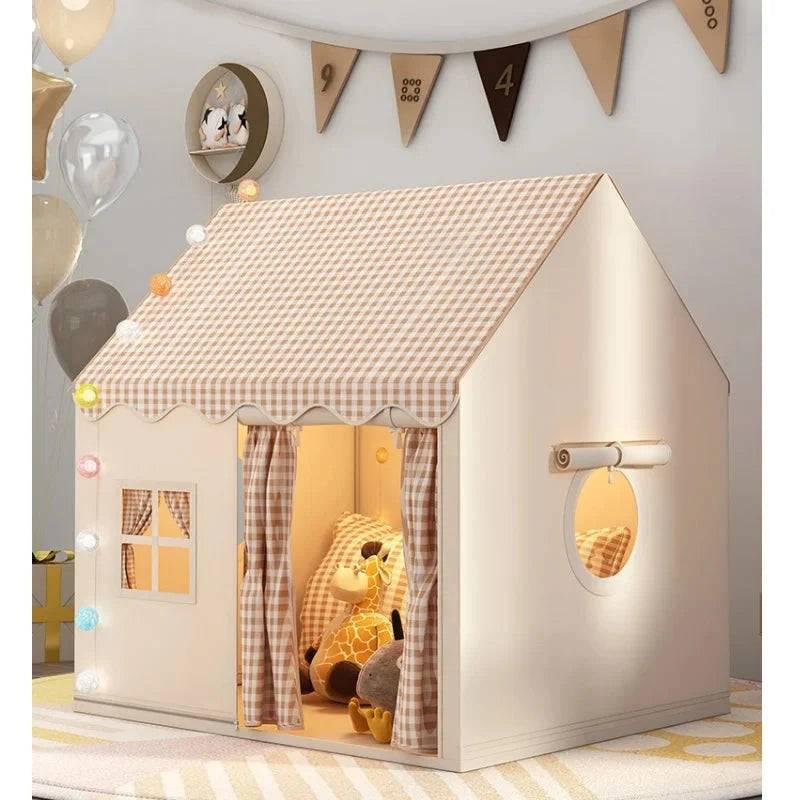 Kids Indoor Play House Tent – Cottage Style with Gingham Roof, Windows & Curtain Door | Foldable | Yellow, Pink, Khaki | Children's Birthday Gift
