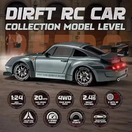 Gray 4WD RC drift racing car model with open hood and rear spoiler, 1:24 scale RTR toy