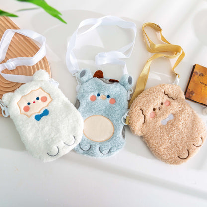 Plush animal crossbody bags set: light blue bear, tan bear, white animal, with straps