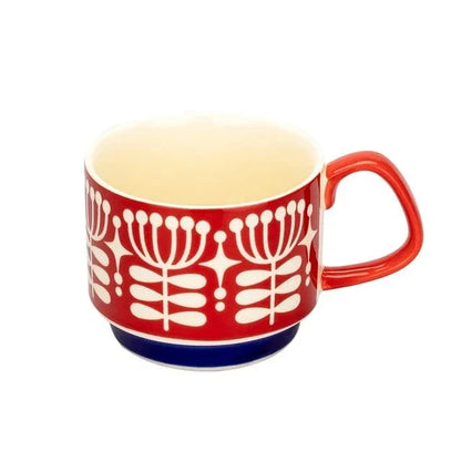 Retro Ceramic Stackable Mug 300ml – Scandinavian Pattern | Spots, Apples, Tulips, Trees & More | Coffee, Tea & Breakfast Cup | Housewarming Gift
