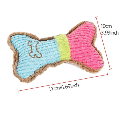 Plush bone chew toy, blue and pink panels with green stripe; 17cm length.