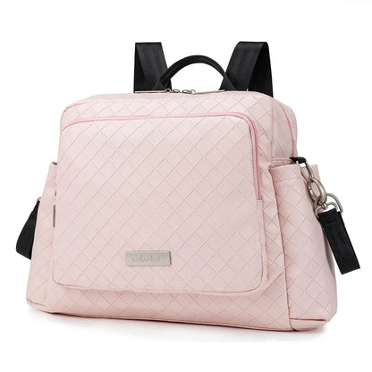 Pink quilted diamond diaper backpack with front zip pocket and black shoulder straps