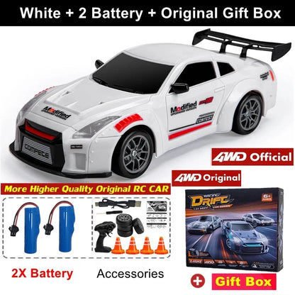 White 4WD RC car starter set with remote, gift box, and 2 batteries, 1:24 scale