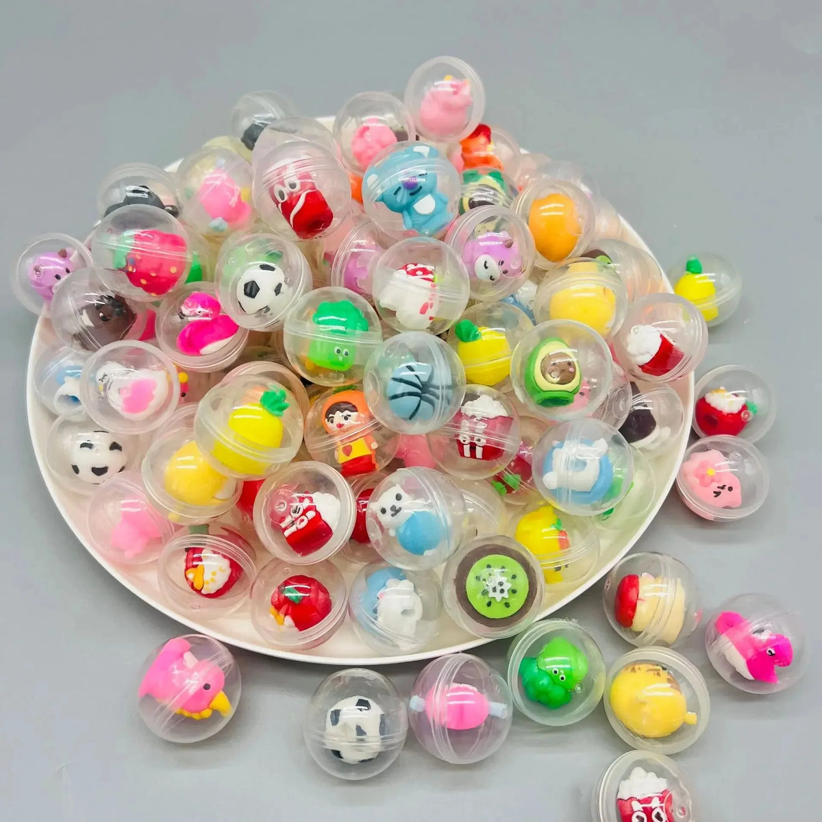 Large transparent capsule egg with assorted cute animal plush figures inside