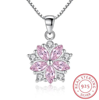 Silver-tone cherry blossom pendant with pink marquise stones and clear accents