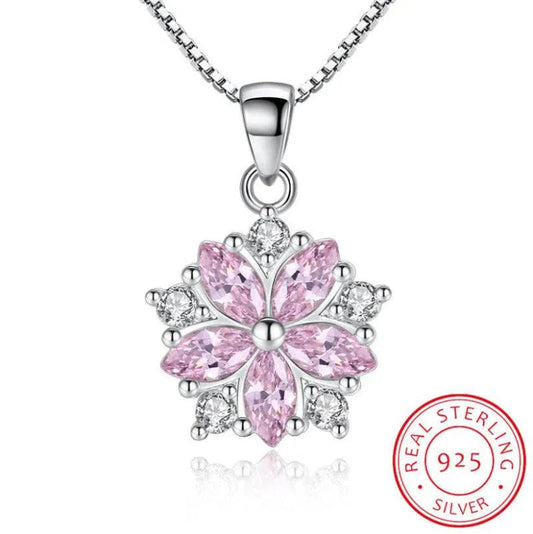 Silver-tone cherry blossom pendant with pink marquise stones and clear accents