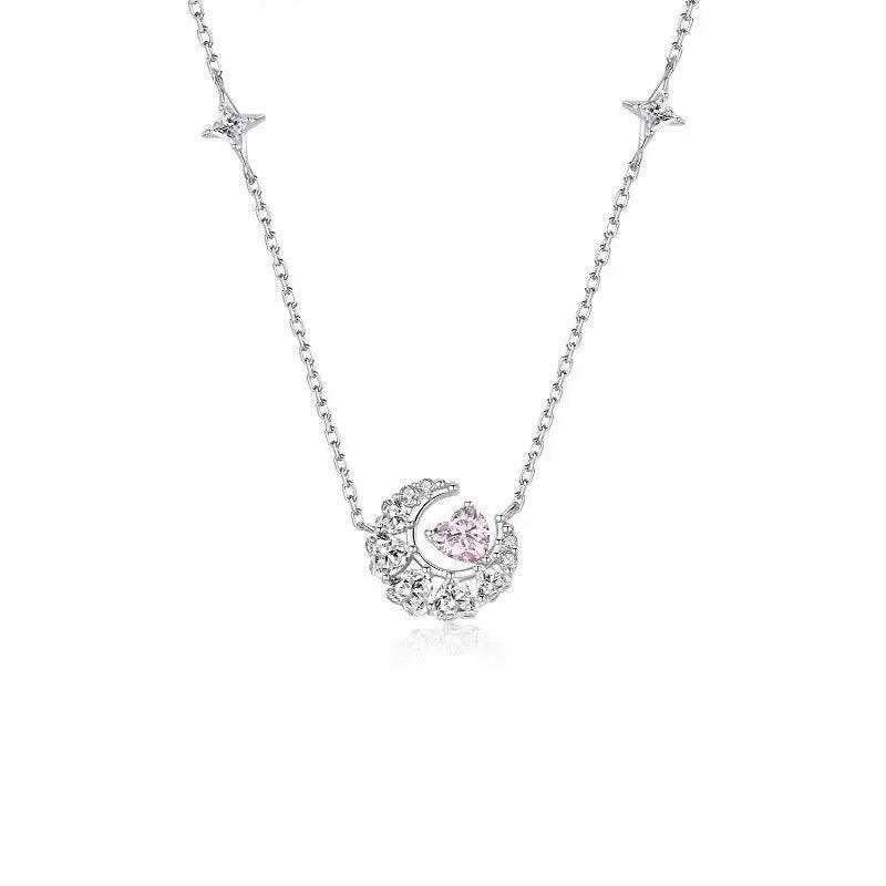 Silver-tone necklace with star charms and pink heart zircon pendant on a dainty chain