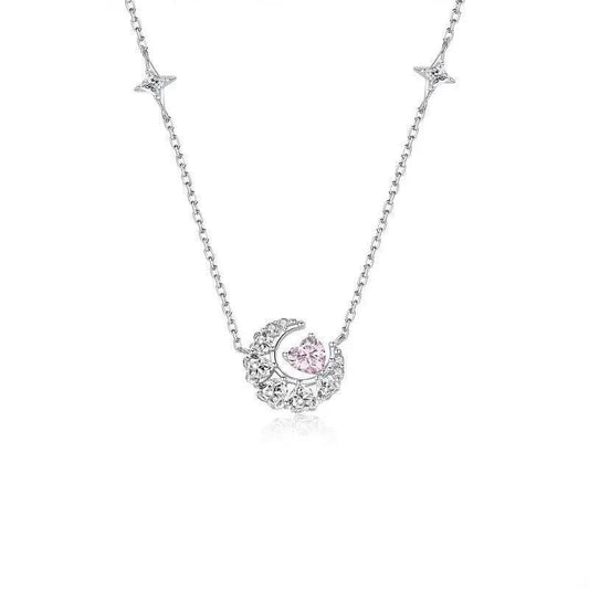 Silver-tone necklace with star charms and pink heart zircon pendant on a dainty chain
