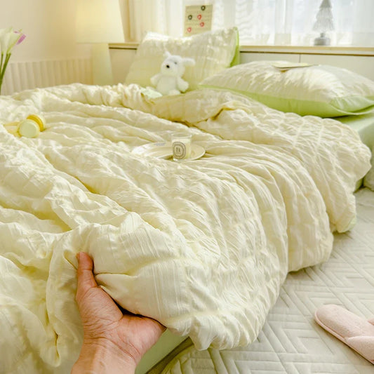 Yellow seersucker duvet cover set with pillow shams and crinkle-texture bedding