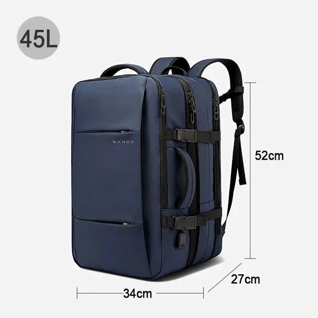 Blue expandable business backpack with front organizer panel and adjustable chest strap