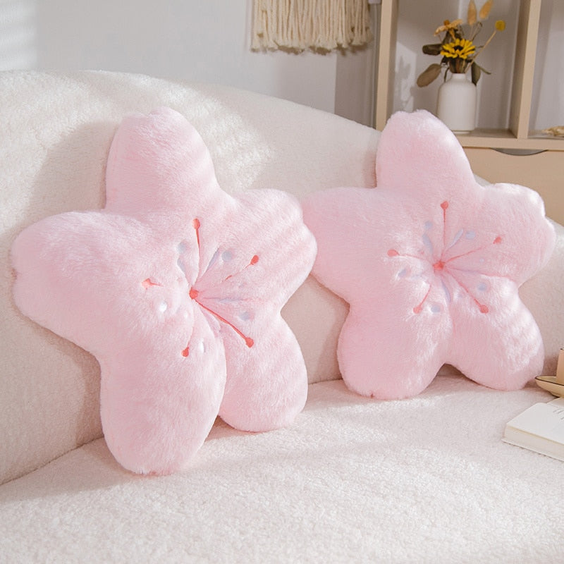 Pink cherry blossom plush pillow, soft stuffed flower with embroidered petals and stamen