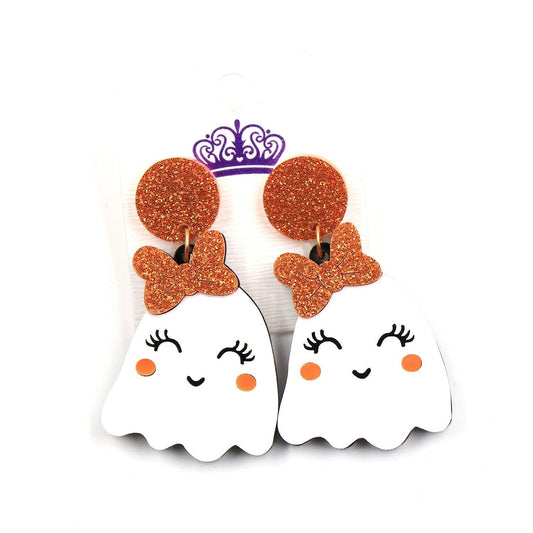 Ghost face Halloween earrings with glitter orange crown and bow, white drop dangle design