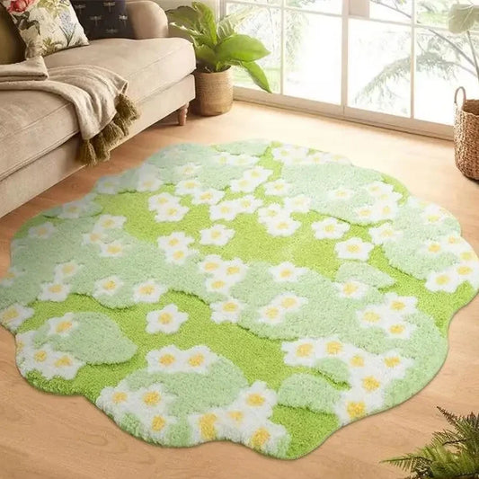 Floral daisy area rug in light green with scattered white flowers and yellow centers