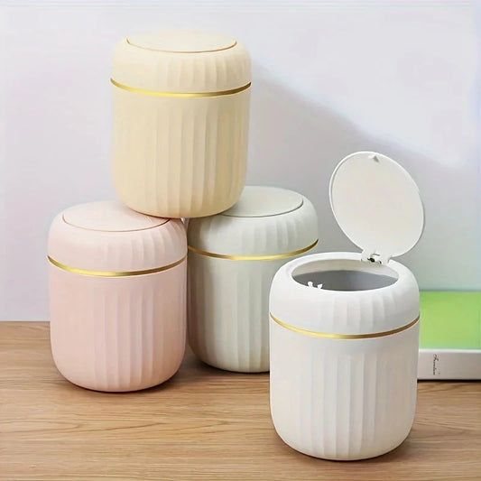 Mini desktop trash can with lid, ribbed plastic body and gold trim, pastel set