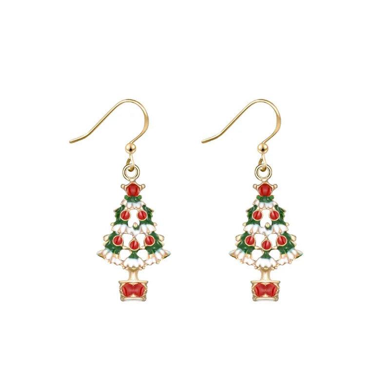 Christmas tree drop earrings with gold hooks, green decorated tree and red base charm