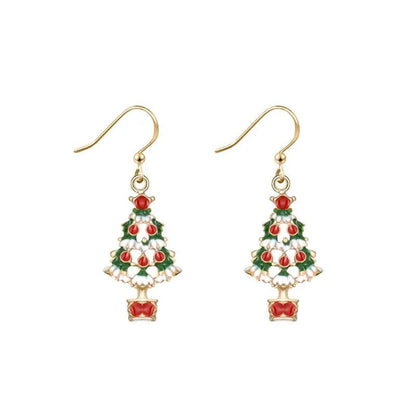 Christmas tree drop earrings with gold hooks, green decorated tree and red base charm