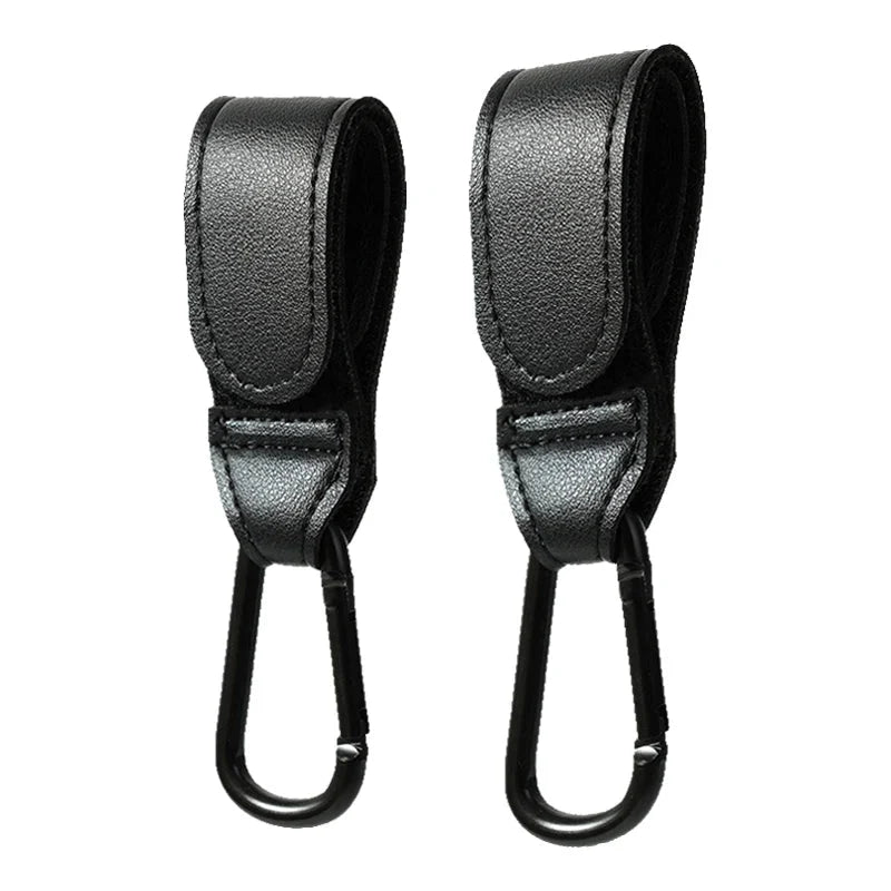 Baby stroller bag hooks (2), black PU leather straps with metal S-hooks