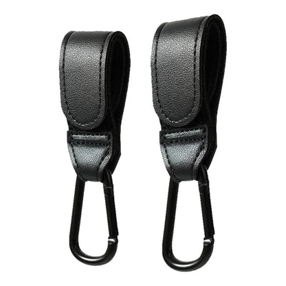Baby stroller bag hooks (2), black PU leather straps with metal S-hooks