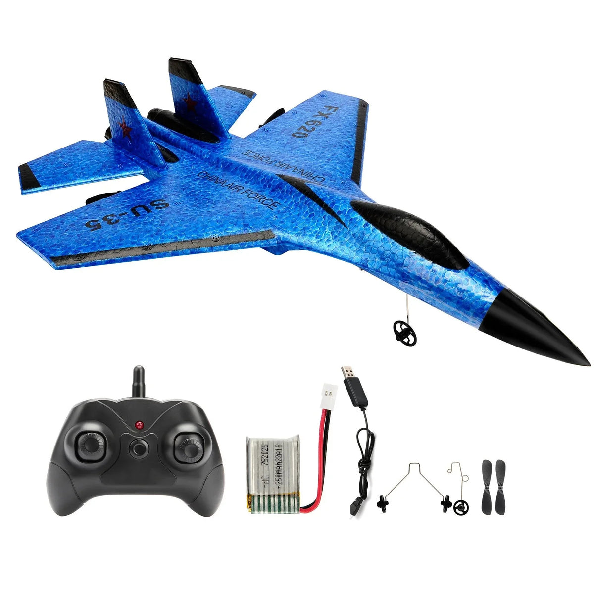 Blue RC foam glider airplane with black 2.4G remote and included battery pack