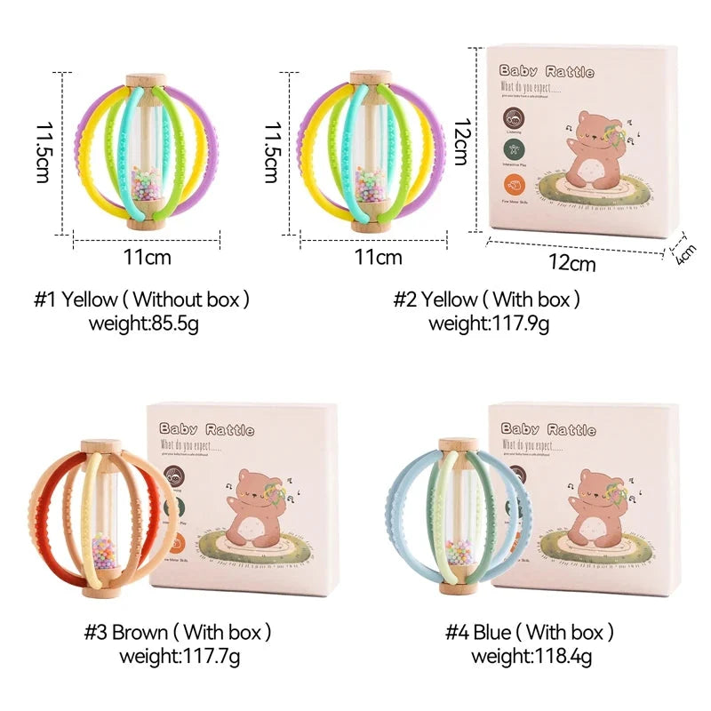 Baby rattle teether toy size chart with yellow, brown, and blue ring color options