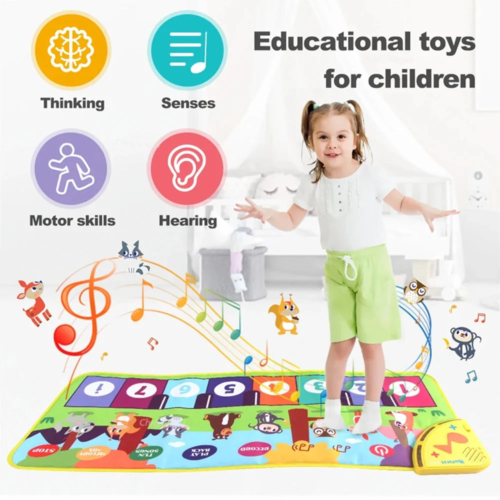 Kids music play mat with colorful numbered keys and animal illustrations, sensory icons