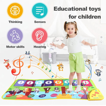 Kids music play mat with colorful numbered keys and animal illustrations, sensory icons