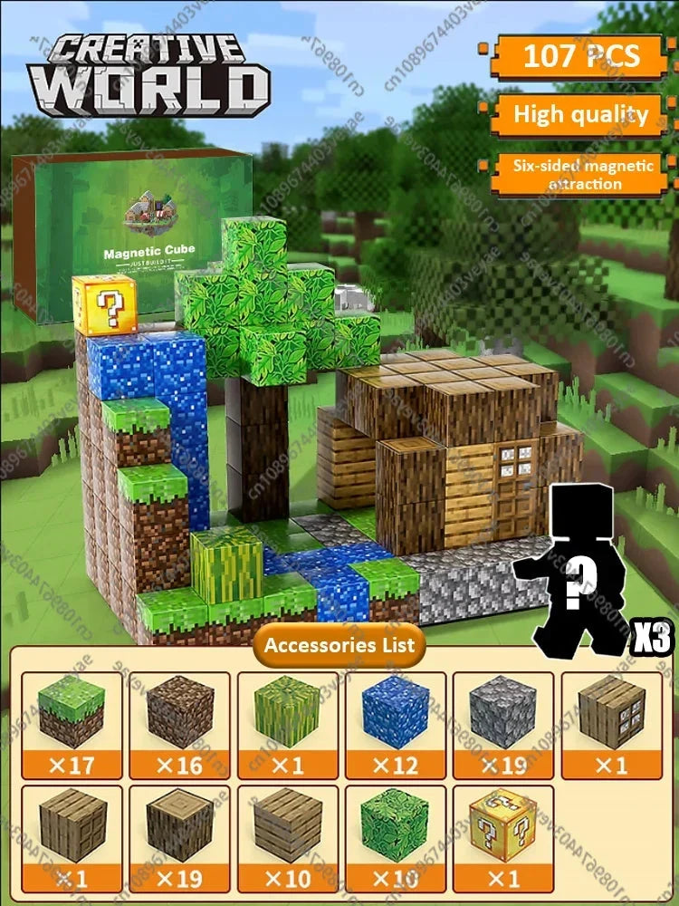 Magnetic cube building set packaging showing forest builds and cube figures