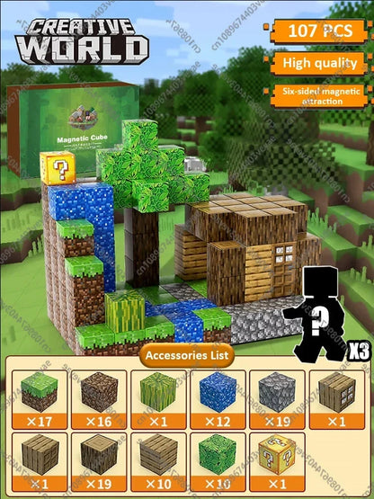 Magnetic cube building set packaging showing forest builds and cube figures