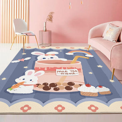 Blue rabbit tea party area rug with bunny characters, teacup scene, and clouds