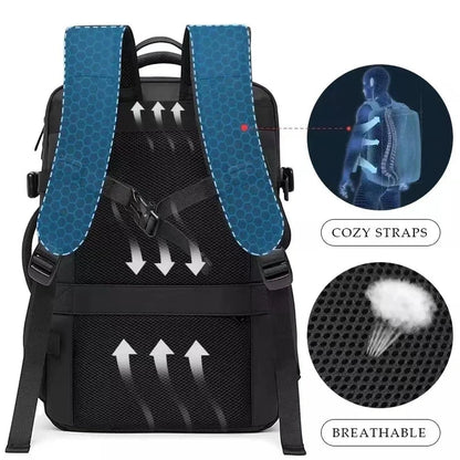 Blue expandable business backpack with breathable mesh back and padded shoulder straps