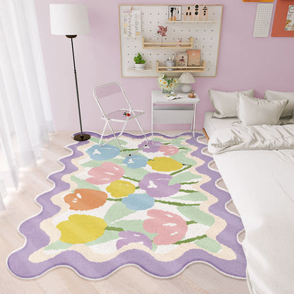 Pastel floral tulip area rug with scalloped edges and purple border trim