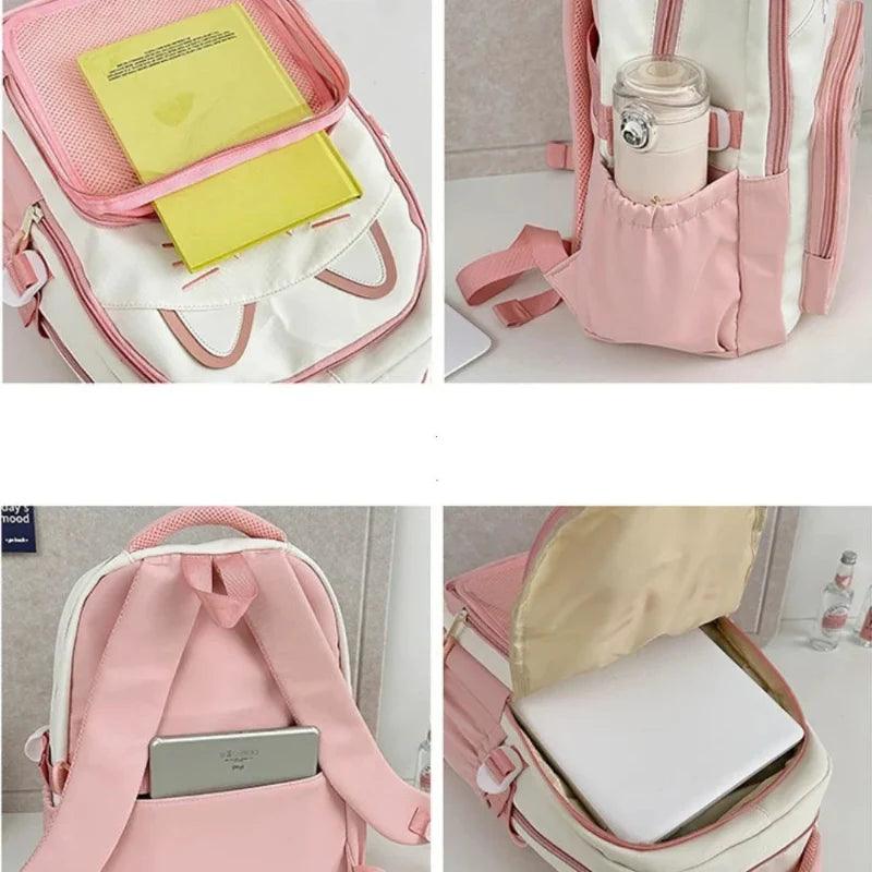 Pink school backpack with open compartments and interior storage pockets