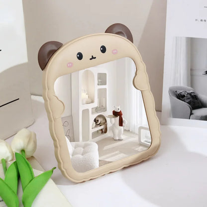 Beige animal-shaped desktop mirror with brown ears and cute cat face