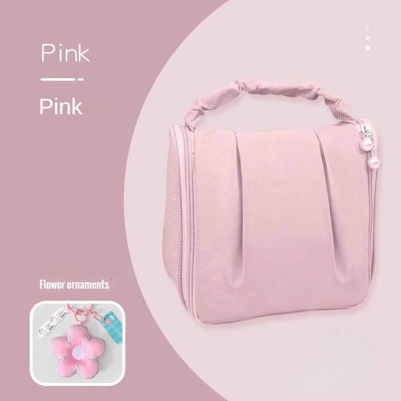 Pink hanging makeup bag with flower ornament pendant and beaded side charm
