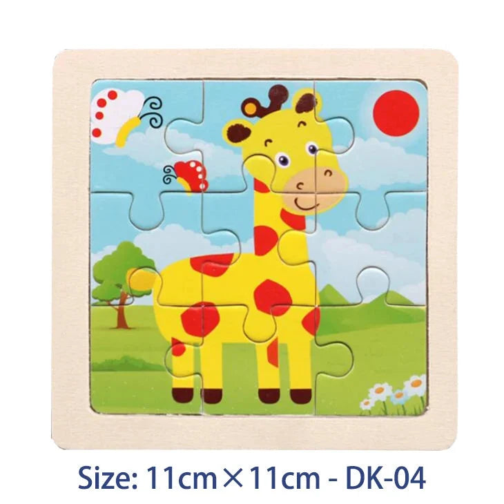 Kids wooden jigsaw puzzle with yellow giraffe illustration, 11cm x 11cm