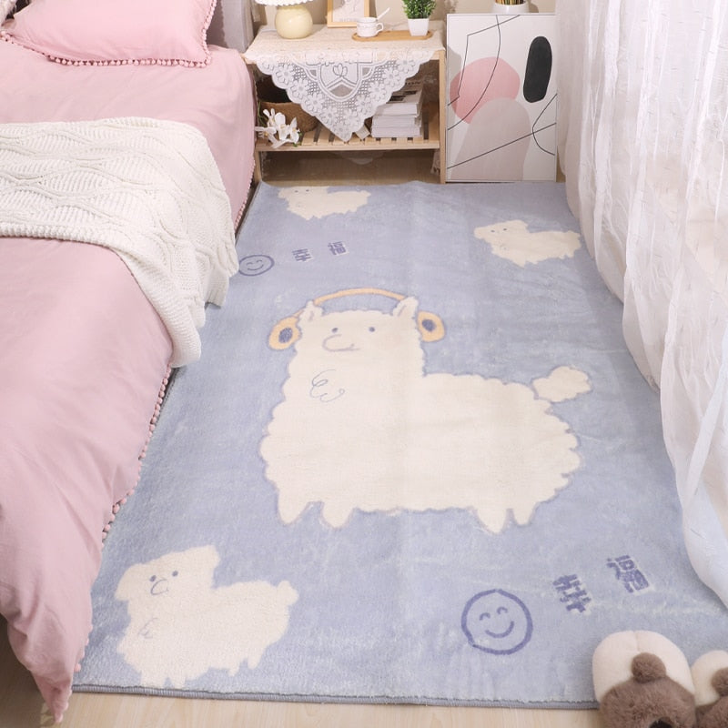 Light blue lamb and sheep area rug with smiley symbols