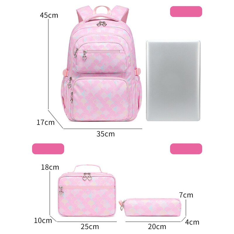 Kawaii Mermaid Backpack Set – 3-Piece Set with Backpack, Pencil Case & Lunch Bag | Mermaid Scale Design | Pink, Purple, Blue & Black