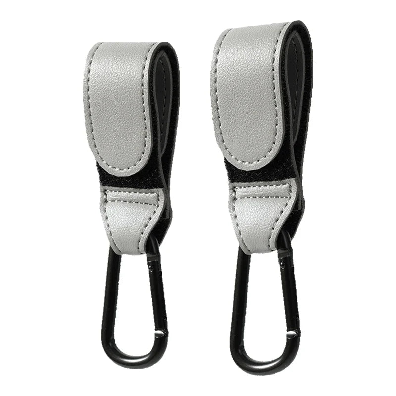 Baby stroller bag hooks (2), light gray PU leather straps with metal S-hooks