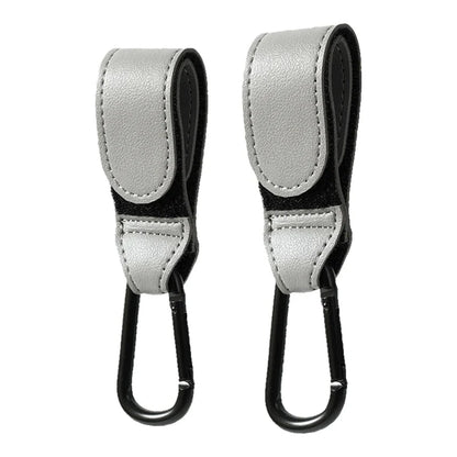 Baby stroller bag hooks (2), light gray PU leather straps with metal S-hooks