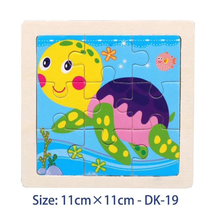 Kids wooden jigsaw puzzle with yellow-green sea creatures illustration, 11cm x 11cm