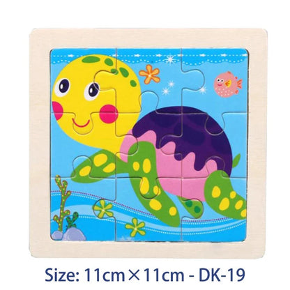 Kids wooden jigsaw puzzle with yellow-green sea creatures illustration, 11cm x 11cm