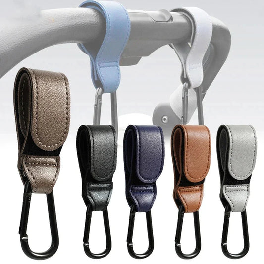 Adjustable PU stroller bag hanger straps with dark metal S hooks, set of multiple colors