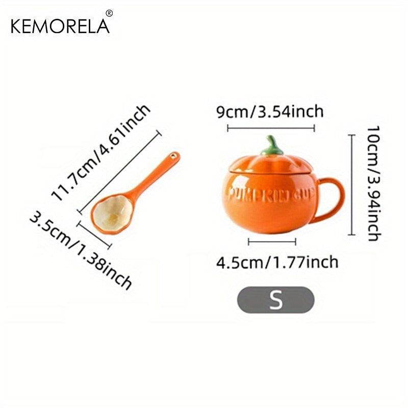 Pumpkin-shaped ceramic mug dimensions (S), orange glaze, green stem, includes spoon