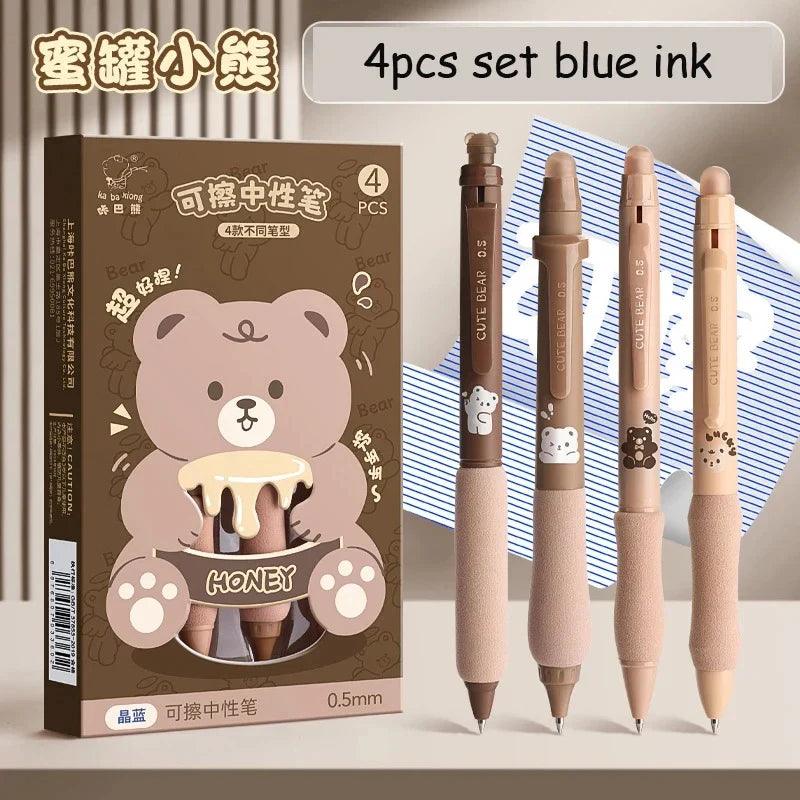 Set of four cute bear soft grip gel pens, beige barrels, blue ink, 0.5 mm tips