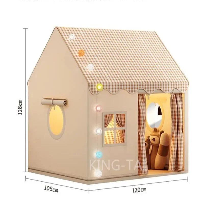 Kids Indoor Play House Tent – Cottage Style with Gingham Roof, Windows & Curtain Door | Foldable | Yellow, Pink, Khaki | Children's Birthday Gift