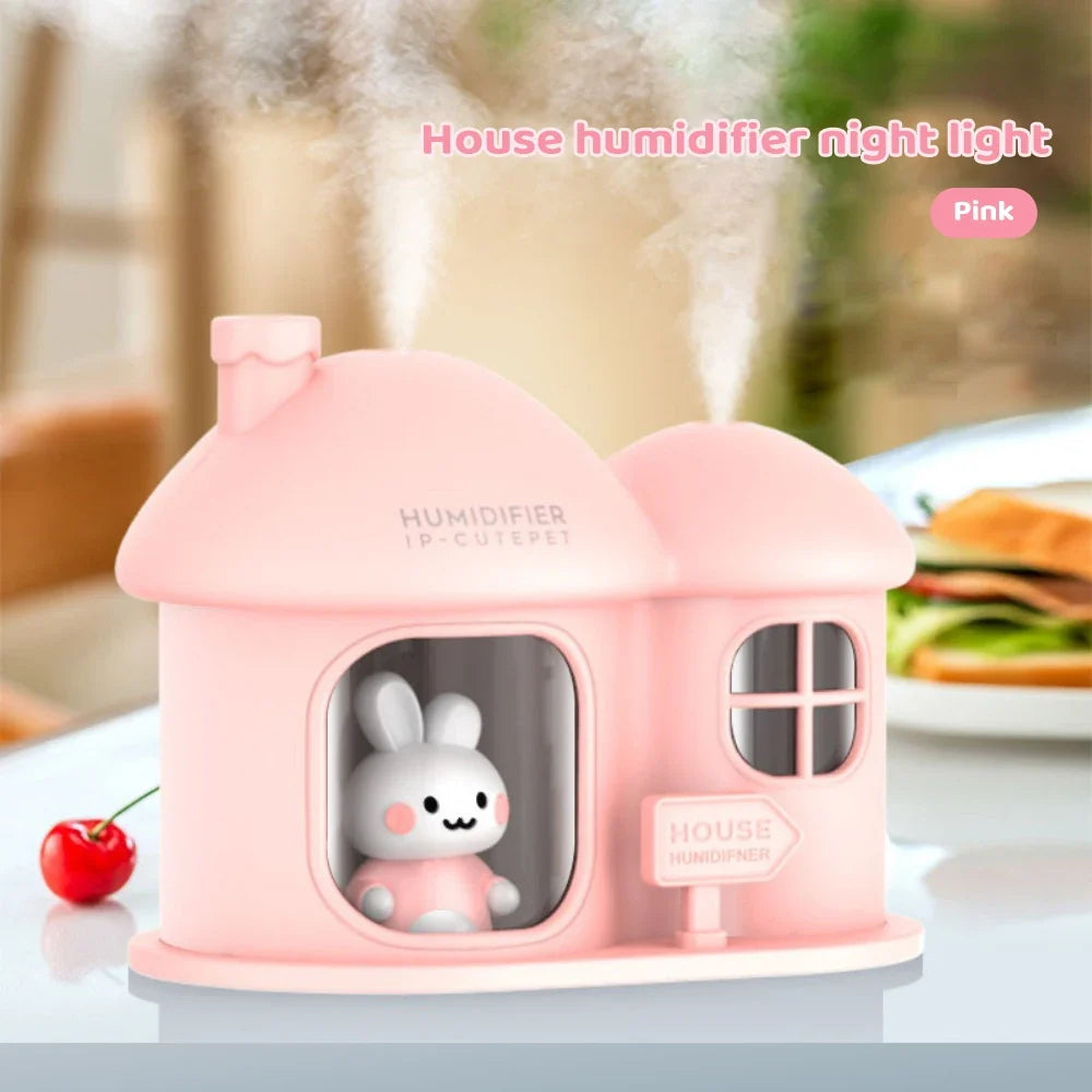 Kawaii Bunny House Humidifier Night Light – 7-Colour LED Cute Desktop Humidifier | Pink & White
