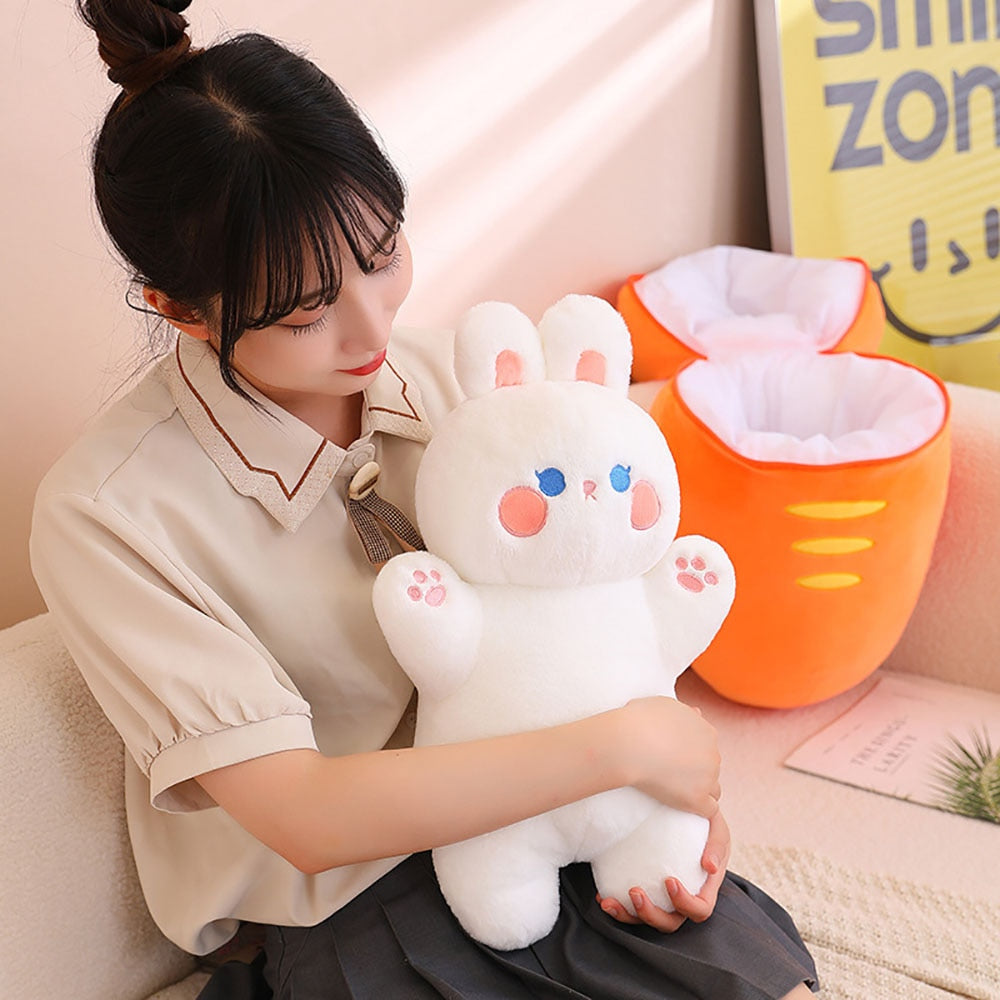 White bunny plush and orange carrot plush with cute faces on a couch