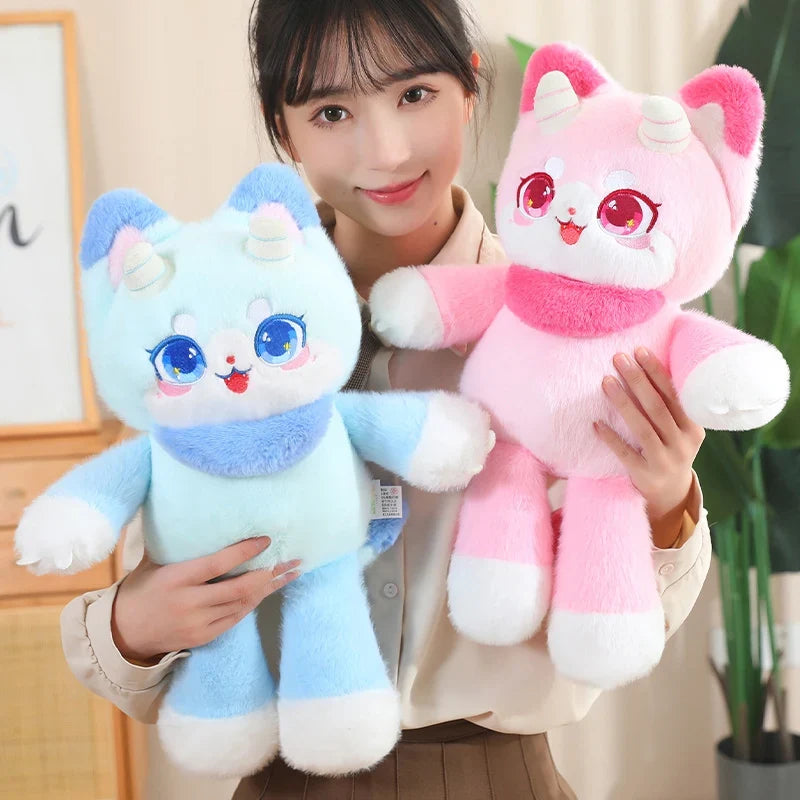 Pink and light blue dragon cat plush toys, soft stuffed animals with big cartoon eyes