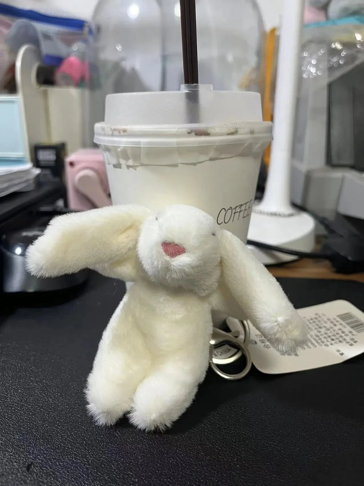 Ivory rabbit plush keychain with silver chain and metal ring